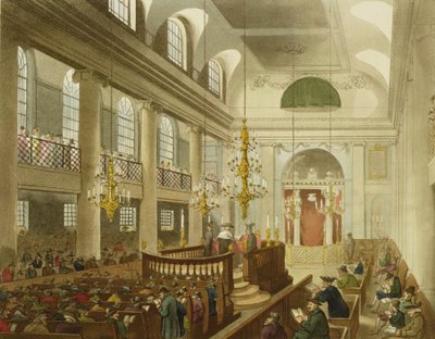 Synagoga, Dukes Place, Houndsditch, z Ackermannova „Microcosm of London“, vyrytý Sunderlandem, 1809 (akvatinta) od Pugin and Rowlandson