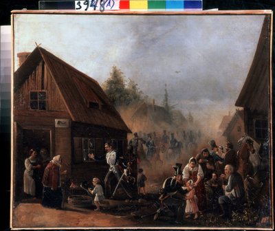 Scéna ruské francouzské války v roce 1812 (Scene of the Russian French War in 1812). Obraz Petra Iljiče Baykova (1817-?). Olej na plátně, 45,3 x 55,5 cm od Pyotr Baykov