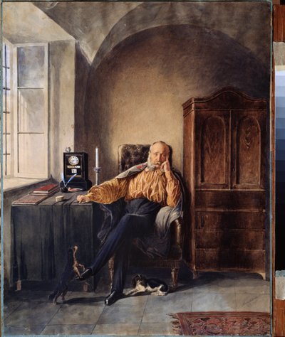 Odchod do důchodu. (Samotný muž, pohroužený do svých myšlenek u svého stolu). Dílo Pyotra (Piotra) Petroviče Sokolova (1821-1899), akvarel a bílá na papíře od Pyotr Fyodorovich Sokolov