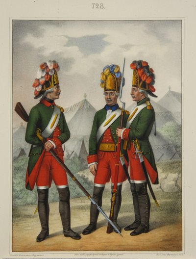 Granátníci Preobraženského, Semenovského a Izmailovského pluku v letech 1763-1775, počátek 40. let 19. století od Pyotr Ivanovich Razumikhin