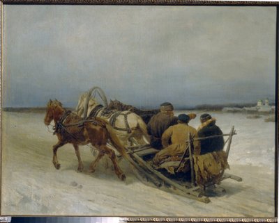 Trojka v zimě. (Tradiční ruský závěs, tažený třemi koňmi). Obraz Pyotr (Piotr) Petrovič Sokolov (1821-1899), olej na plátně od Pyotr Petrovich Sokolov