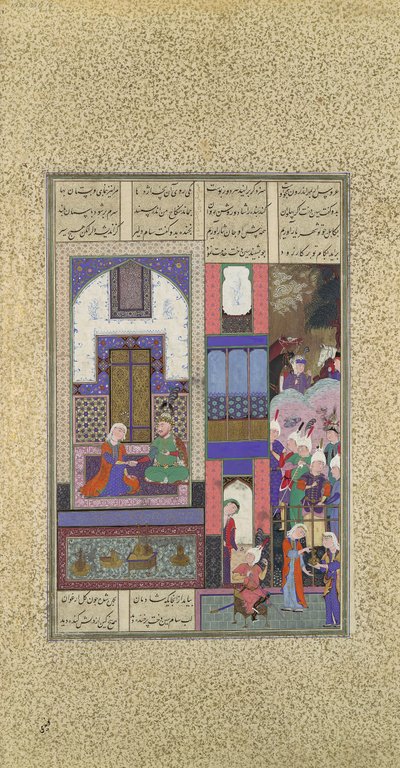 Sam zpečeťuje svůj pakt se Sindukhtem, Folio 85v z Shahnama Book of Kings..., ca. 1525-3 od Qadimi