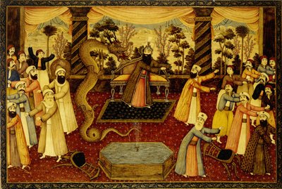 A shodil svou hůl a ta se proměnila v hada a Mojžíš před ní uprchl, c. 1860-70 od Qajar School