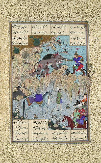 Bahram Chubina zabíjí lva-opice, Folio 715v z Shahnama Book of Kings..., c1530-35 od Qasim ibn 