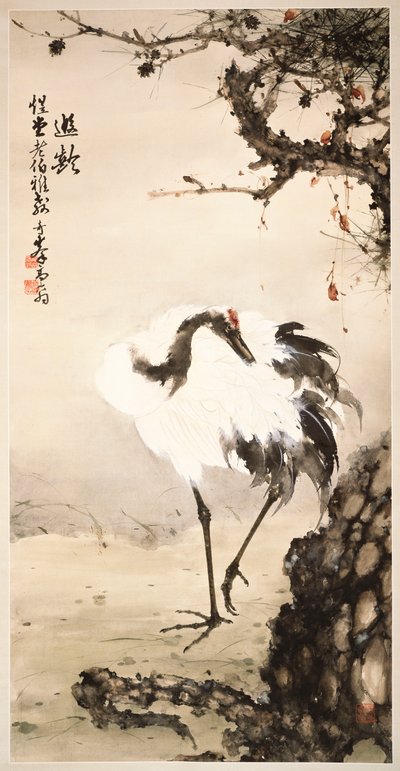 Jeřáb pod borovicí (visí svitek, inkoust a barva na papíře) od Qifeng Gao
