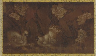 Kohout, slepice a kuřata v blízkosti keřů pivoňky (inkoust a barva na hedvábném panelu) od Qing Dynasty Chinese School