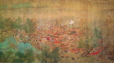 Cesta císaře Kang Shi do Kiang-Hanu v roce 1699 po Chaio Ping Chen (1661-1722) (inkoust a barva na hedvábném podloženém papíru) od Qing Dynasty Chinese School