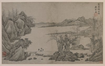 Říční krajina a sběrači dřeva (inkoust na papíře) od Qing Dynasty Chinese School