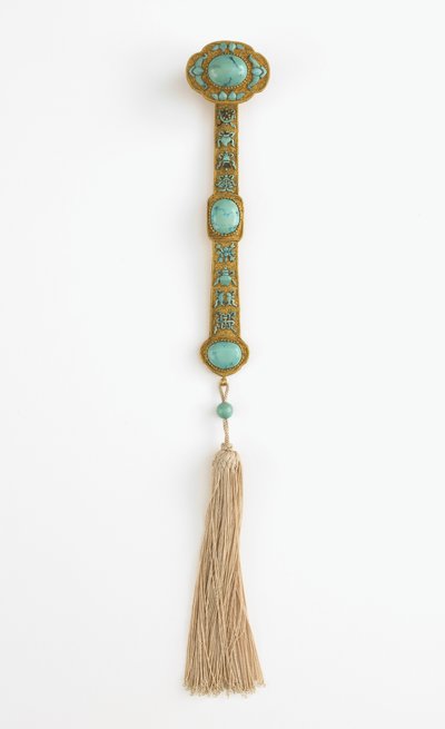 Ruyi žezlo, vláda Qianlong (zlato, tyrkys a hedvábí) od Qing Dynasty Chinese School