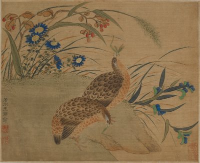 Dvě křepelky jíst kobylky pod květinami od Qing Dynasty Chinese School