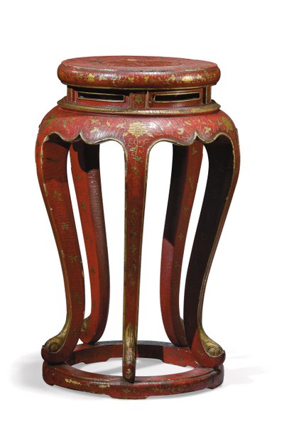 Jardinière (červeně lakovaná se zlatými, hnědými a zelenými detaily) od Qing Dynasty Chinese School