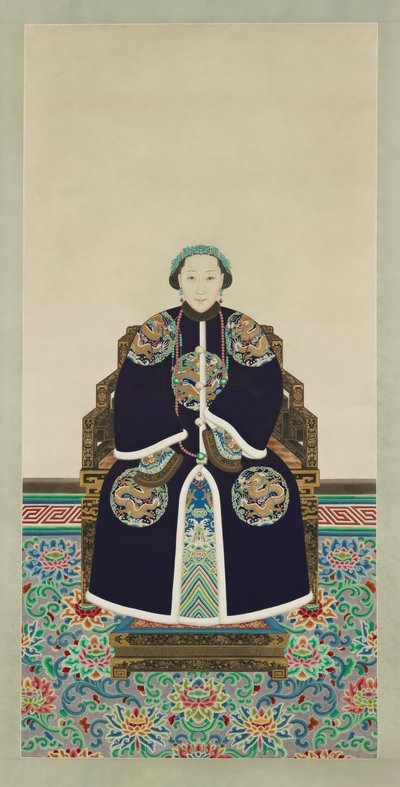 Portrét paní Hejia, druhořadé manželky prince Zaizhiho (1839-1880) (tuš a barva na papíře) od Qing dynasty Chinese School