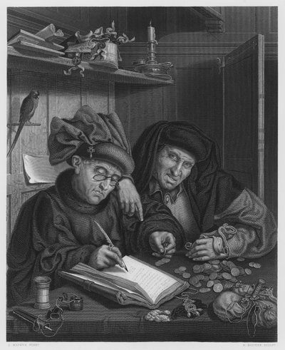 Lakomci, z obrázku v královské sbírce (rytina) od Quentin (after) Massys or Metsys