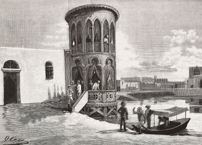Maurská malá věž hostující klub italských důstojníků, Massawa, Eritrea, rytina z kresby Quinta Cenniho a náčrtu Pieragostiniho, z L