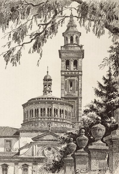 Beata Vergine dei Miracoli Sanctuary, Saronno, Itálie, rytina z kresby Quinto Cenni, z L