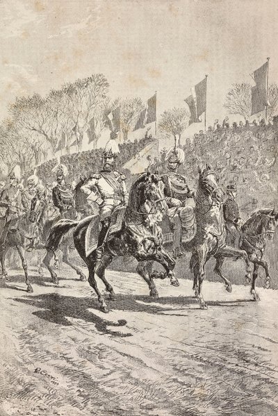 Náčelníci štábu vstupují na přehlídkové hřiště, oslavy návštěvy korunního prince Německa (budoucího Fridricha III.) v Římě, Itálie, rytina z kresby Quinta Cenniho, z L