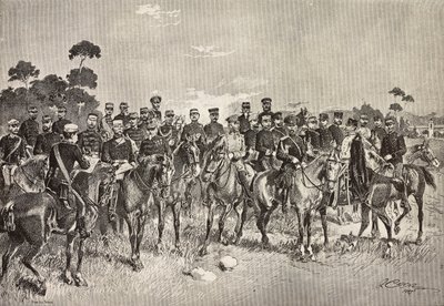 Zahraniční armádní důstojníci na návštěvě italských vojáků v Lombardii, Itálie, rytina z kresby Quinta Cenniho, z L