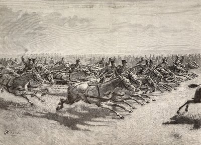 Koňské dělostřelectvo italské armády projíždějící plným cvalem, Lombardie, Itálie, rytina z kresby Quinto Cenni, z L