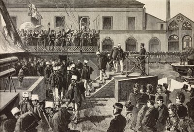 Italští vojáci nastupují na loď Washington, Neapol, Itálie, třetí italská expedice v Rudém moři, rytina z kresby Quinto Cenni a skica M Del Don, z L