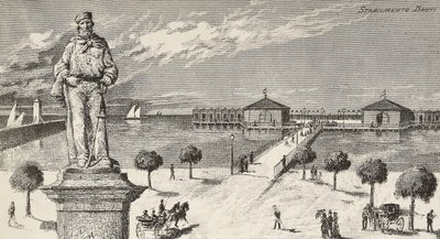 Památník na památku Giuseppe Garibaldiho (1807-1882), italského politika a vlastence, a koupaliště v pozadí, Cesenatico, Itálie od Quinto Cenni
