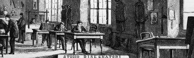 Kanceláře bratří Trevesů, oddělení designérů, Milán, Itálie, ilustrace Quinto Cenni (1845-1917) z L