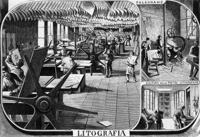 Kanceláře bratří Trevesů, litografické oddělení, Milán, Itálie, ilustrace Quinto Cenni (1845-1917) z L