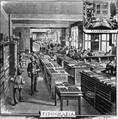 Kanceláře bratří Trevesů, typografie a překrývání, Milán, Itálie, ilustrace Quinto Cenni (1845-1917) z L