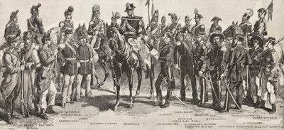 Piemontská armáda v roce 1859: pěšáci, dělostřelci, inženýři, granátníci, důstojníci, generálové, kopiníci, kavaleristé, puškaři, rytina z kresby Quinto Cenni, z L
