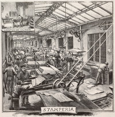 Tiskárna v nakladatelství Fratelli Treves, Milán, Itálie, rytina z kresby Quinto Cenni, z L