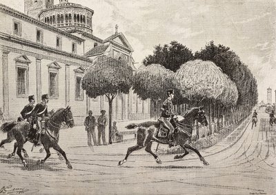 Vojáci na koních projíždějící před svatyní Beata Vergine dei Miracoli, Saronno, Itálie, rytina z kresby Quinto Cenni, z L