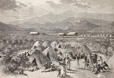 Stany uprchlického tábora Zula, Arafali, Eritrea, rytina od Cantagalliho z kresby Quinta Cenniho a skica od Pieragostiniho, z L
