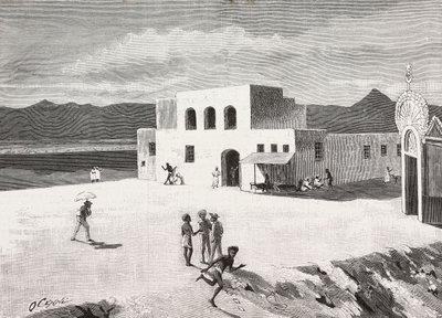 Budova italské pošty, Massawa, Eritrea, rytina z kresby Quinta Cenniho a skica od Pieragostiniho, z L