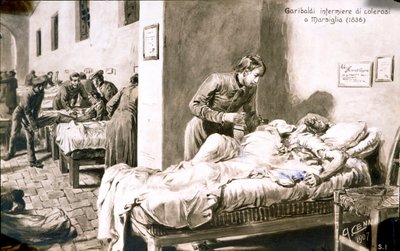 Italský patriot Giuseppe Garibaldi (1807-1882) ošetřovatel pod jménem Pan-Borel (Pane Borel) pacientům s cholerou v Marseille v roce 1836. Pohlednice soukromé sbírky 19. století od Quinto Cenni