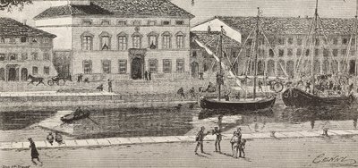 Radnice a přístavní kanál, Cesenatico, Itálie, rytina z kresby Quinta Cenniho a skica Ulisse Topi, z L