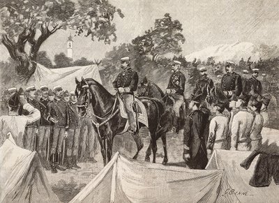 Umberto I (1844-1900), král Itálie, s některými důstojníky, na návštěvě vojenských táborů, 11. od Quinto Cenni