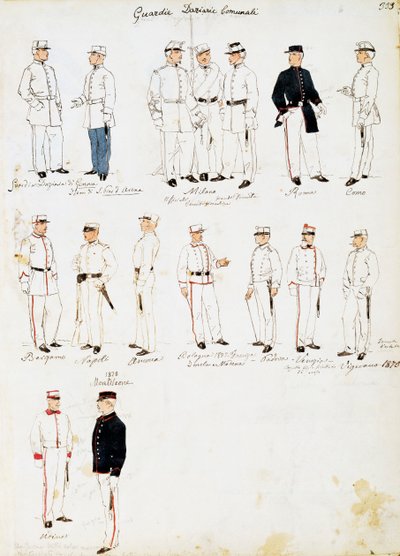 Uniformy celních stráží Italského království v letech 1873-1878, deska z Cenni Codex, sbírka vojenských náčrtů v akvarelu od Quinto Cenni