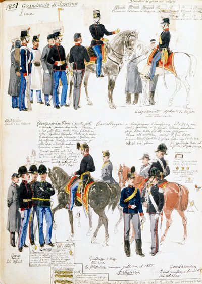 Uniformy toskánského velkovévodství v roce 1851, deska převzatá z Cenniho kodexu, sbírka vojenských náčrtů nakreslených Quinto Cenni (1845-1917) od Quinto Cenni