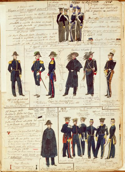 Uniformy piemontské armády v letech 1836 až 1886. Barevný štítek Cenni Quinto od Quinto Cenni