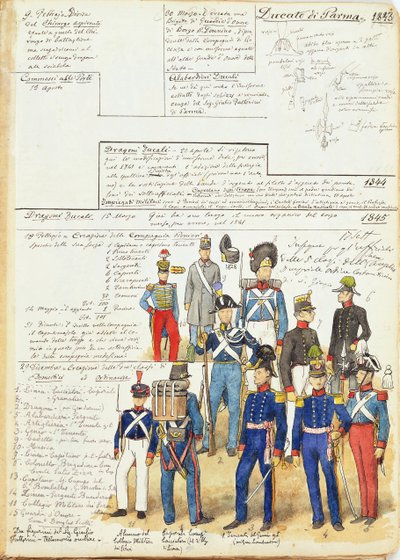 Různé uniformy vévodství Parma z roku 1845. Barevný štítek Cenni Quinto od Quinto Cenni