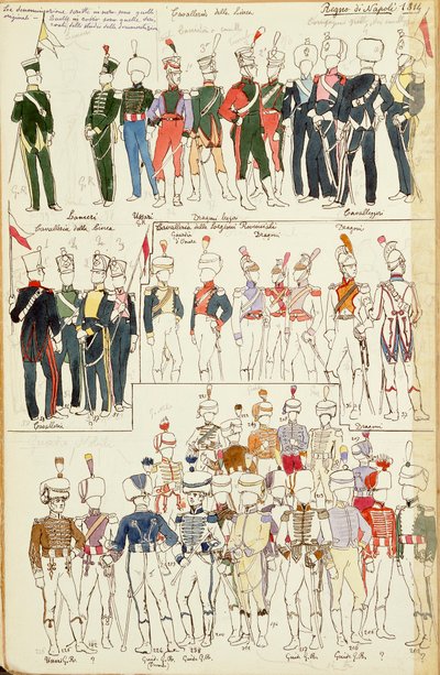 Různé uniformy Neapolského království z roku 1814. Barevný štítek Cenni Quinto od Quinto Cenni