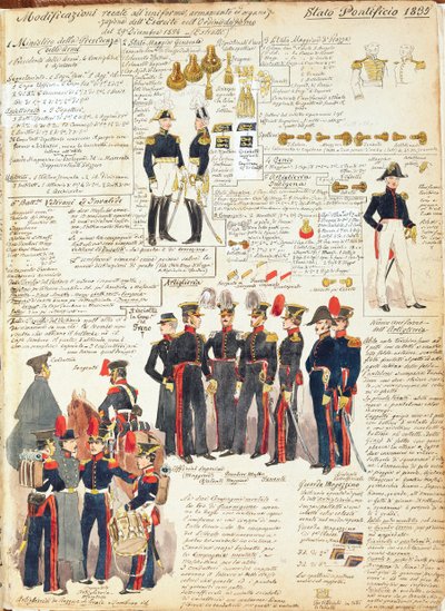 Různé uniformy papežských států z roku 1835. Barevný štítek Cenni Quinto od Quinto Cenni