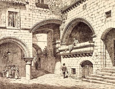 Část náměstí Piazza San Pellegrino, Viterbo, Itálie, z publikace "Examples of the Municipal, Commercial, and Street Architecture of France and Italy from the 12th to the 15th Century", kterou vydal W. Mackenzie. od R. (after) Anderson