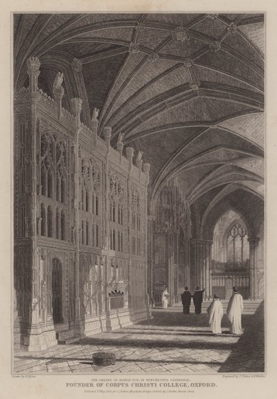 Svatyně biskupa Foxe, zakladatele Corpus Christi College, Oxford, ve Winchester Cathedral (rytina) od R. (after) Essex