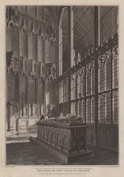 Hrobka a zpěv Williama z Wykehamu, zakladatele New College, Oxford, ve Winchester Cathedral (rytina) od R. (after) Essex