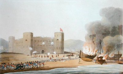 Útok na pevnost Luft, 27. listopadu 1809, z „Šestnáct pohledů na místa v Perském zálivu, pořízených v letech 1809-10, ilustrující postup sil zaměstnaných na expedici vyslané z Bombaje“, vyryl I. Clark, vydáno 1 od R. (after) Temple