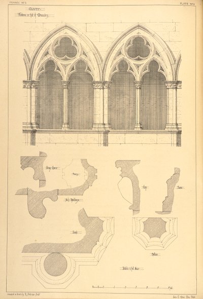 Okna v sále kláštera, Cluny, z „Příklady městské, obchodní a pouliční architektury Francie a Itálie od 12. do 15. století“, 1841 od R. Anderson