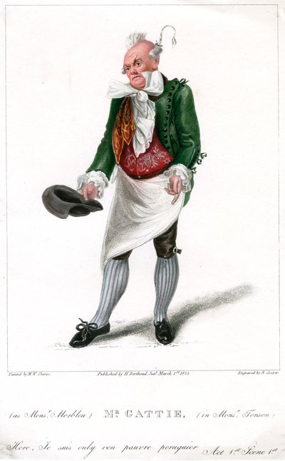 Pan Gattie jako Monsieur Morbleu v Monsieur Tonson, 1822. od R. Cooper