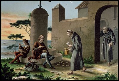 Příjezd Kryštofa Kolumba (1451-1506) se svým synem do kláštera la Rabida, z knihy Objevení Ameriky, vydané v Barceloně v roce 1878 (barevně lito) od R. Puiggari