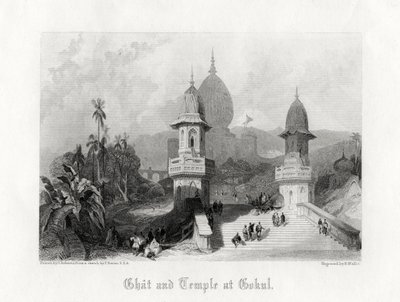 Ghat a chrám v Gokul, Indie, c1838. od R. Wallis