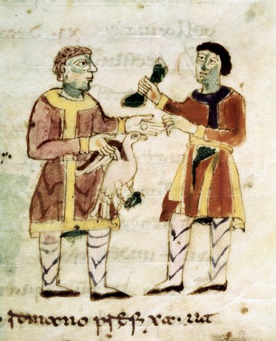 Obchodník s kuřaty z rukopisu "De Universo"" (ou De rerum naturis (De la Nature des Chooses) od Rabanus Maurus or Mauro Rabano Magnentius